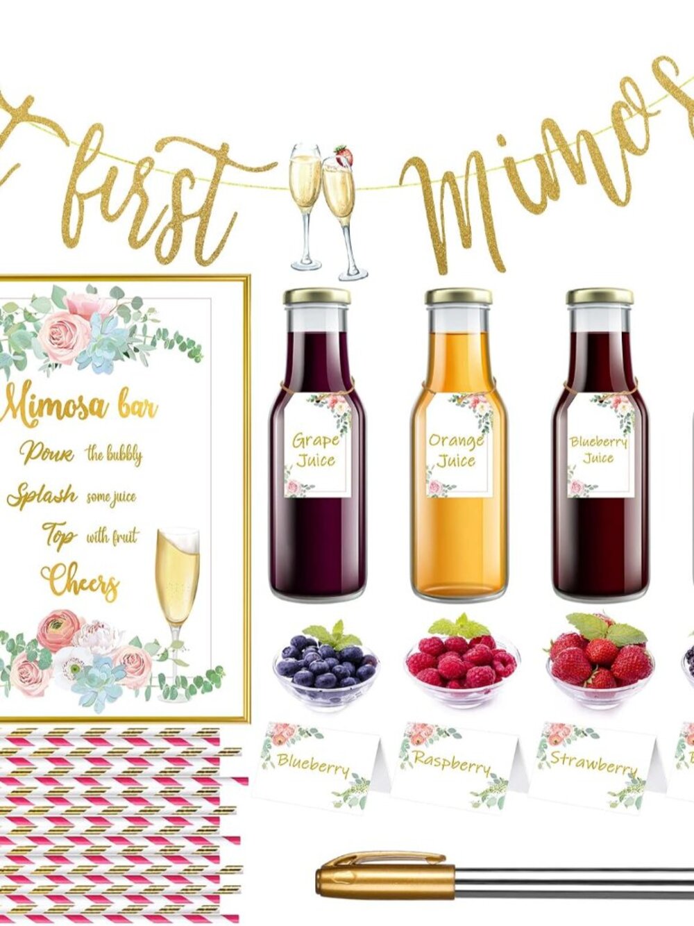 31 Pcs Kit Sign Banner Poster 4 Champagne Bottle Tags 4 Table Cards 20 Paper Str